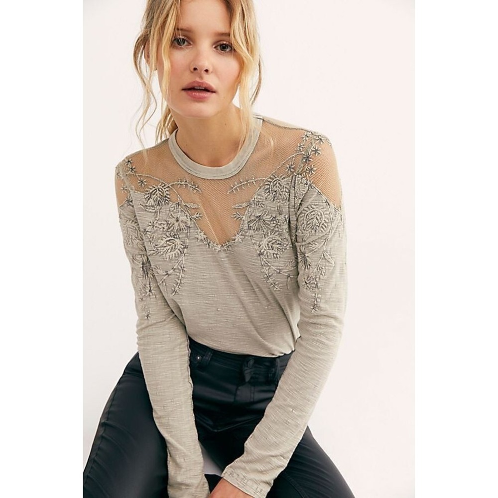 Free People Micha Tee Top Women XS Mesh Embroidered Cotton Long Sleeve Boho